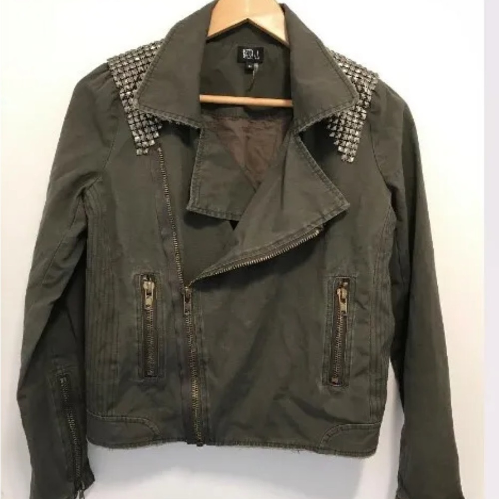 $300 NWOT Designer Women's Jacket Olive Khaki Zip Up Studded Accents Biker Sz M